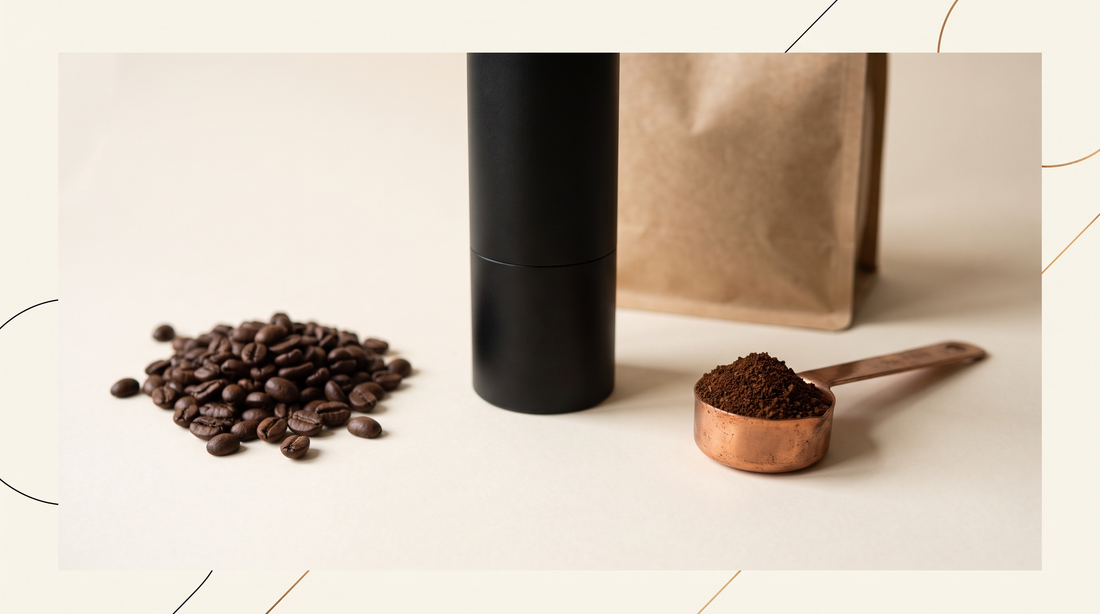 Koffiebonen of gemalen koffie: hele bonen, een zwarte handmolen en een koperen schepje met gemalen koffie